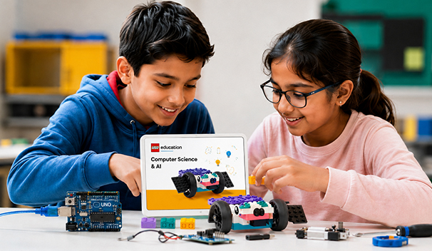 Students exploring hands-on STEAM learning with an electronics board